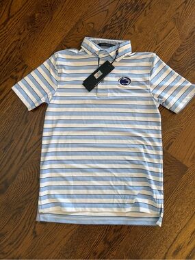 Penn State Greyson Light Blue & White Striped Polo with Team Patch